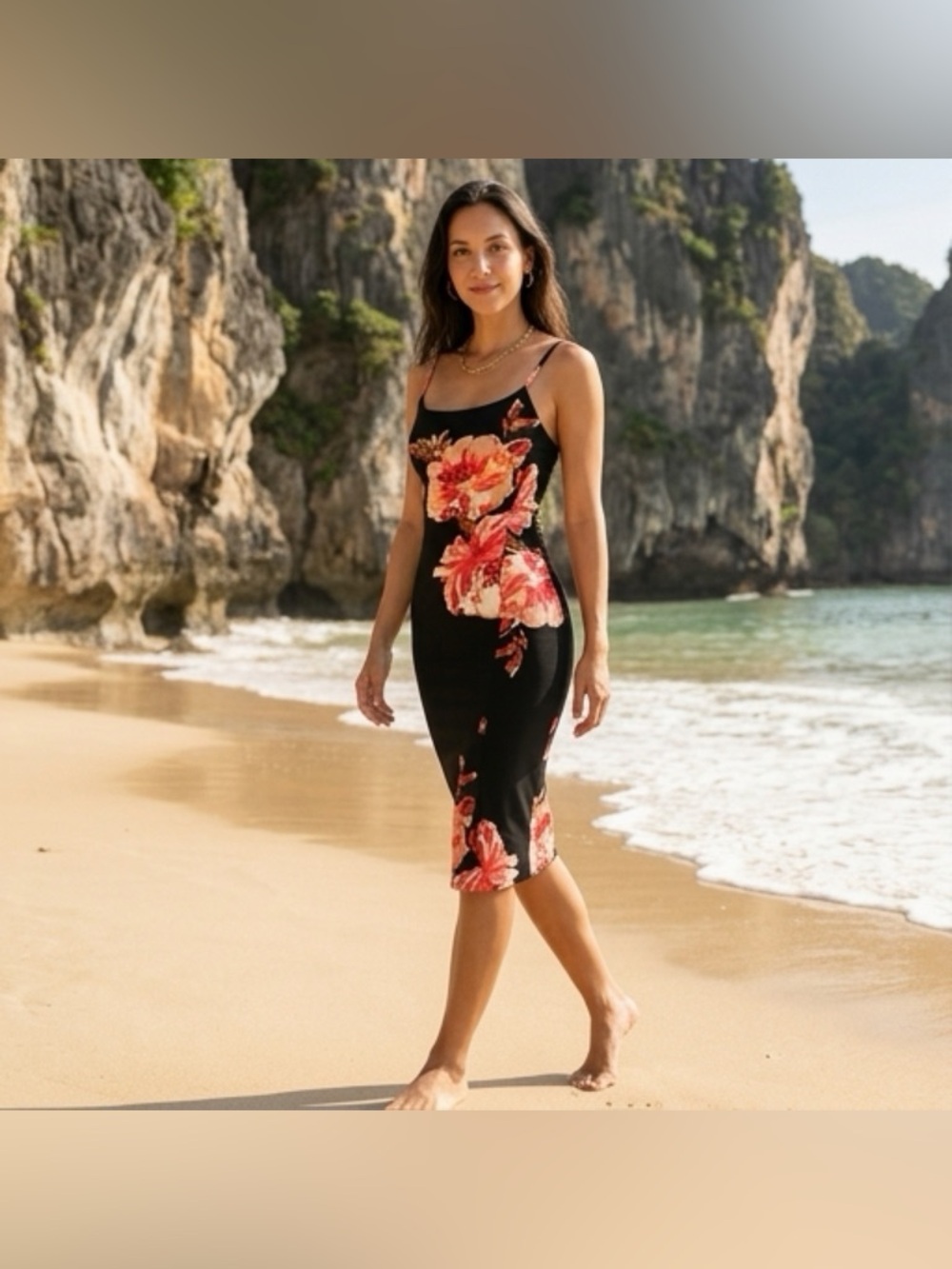 Chic Black Midi Dress with Floral Patterns and Elegant Silhouette